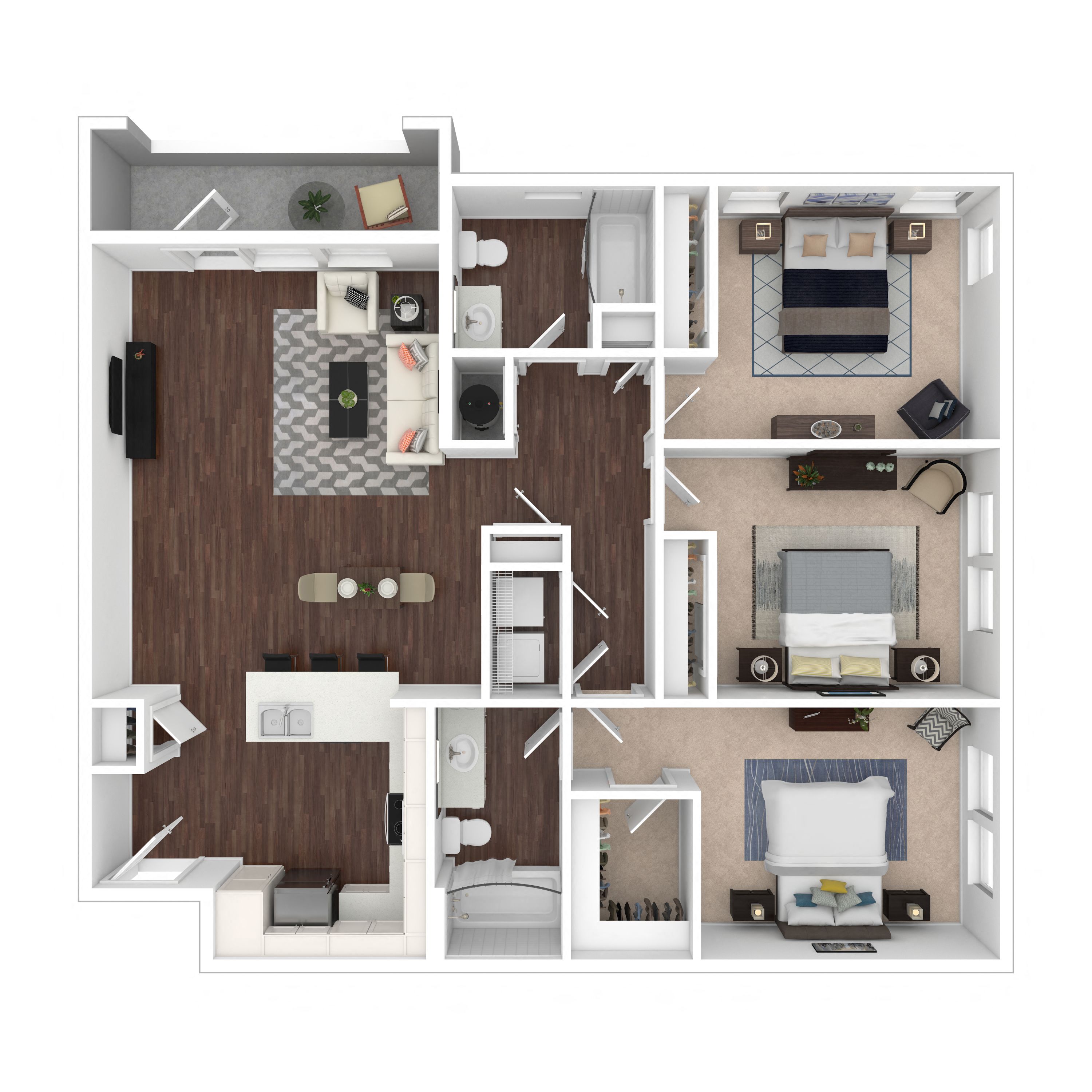 Floor plan for 3 beds, 2 baths, 1263 sqft